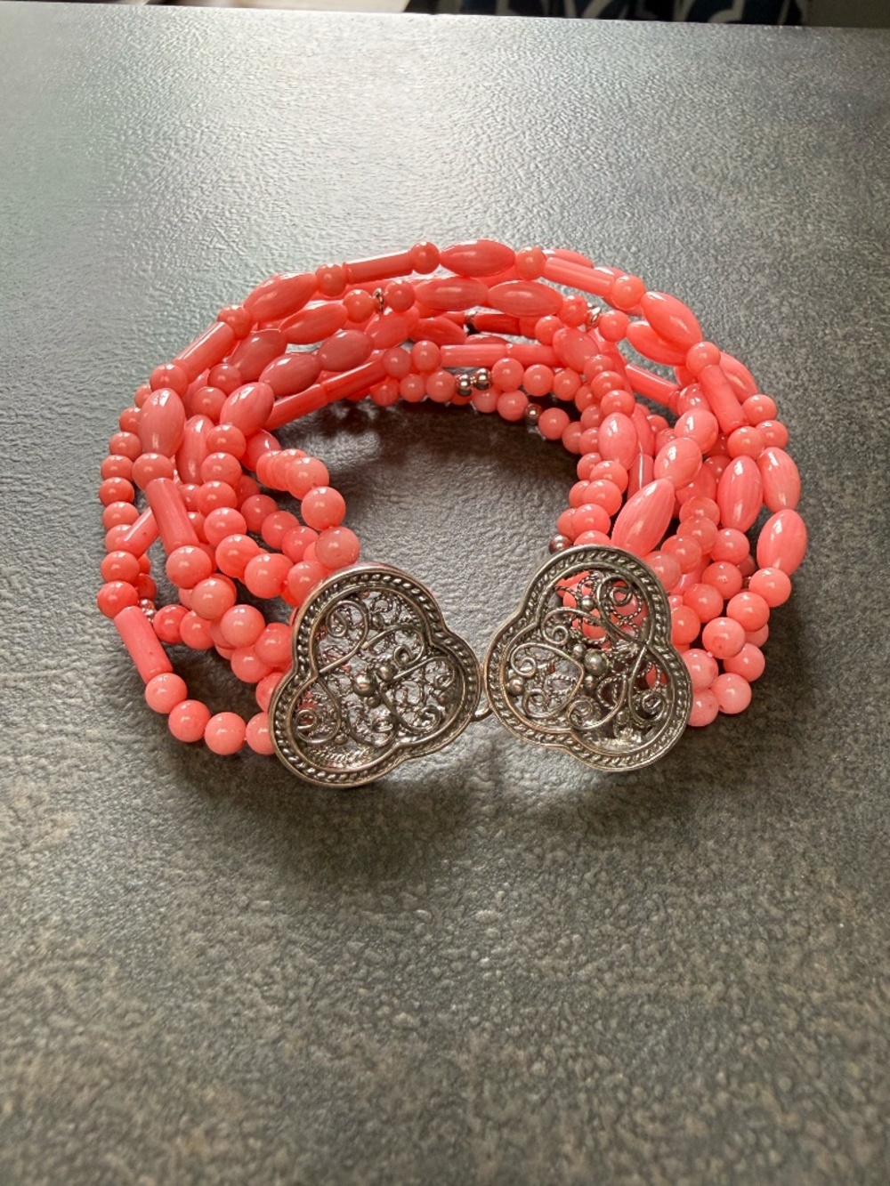 QVC Salmon Pink Beaded Multi Strand Bracelet With Silver Filigree Hook and  Loop - Picture 2 of 5